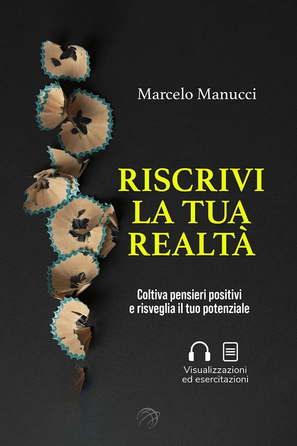 Cover of Riscrivi la tua realtà: pencil shavings on a black background.